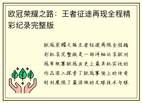 欧冠荣耀之路：王者征途再现全程精彩纪录完整版
